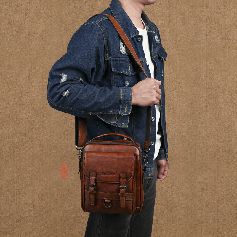 Men’s Genuine Leather Crossbody Bag – Retro Hand-Rubbed Top-Grain Cowhide Shoulder Bag