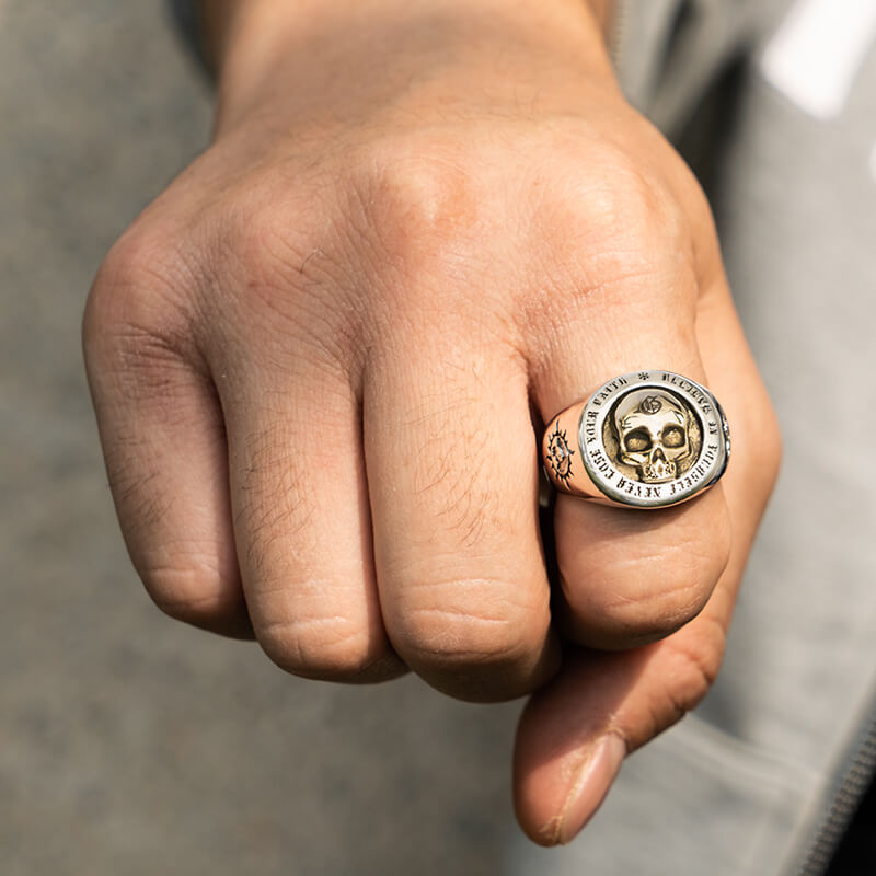 Punk 925 Sterling Silver Gold Skull Ring – Two Tone Adjustable Cocktail Ring