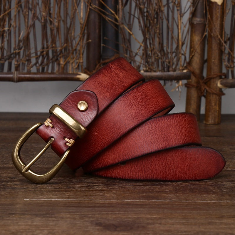Vintage Distressed Cowhide Leather Belt – Men’s Classic Pin Buckle Be
