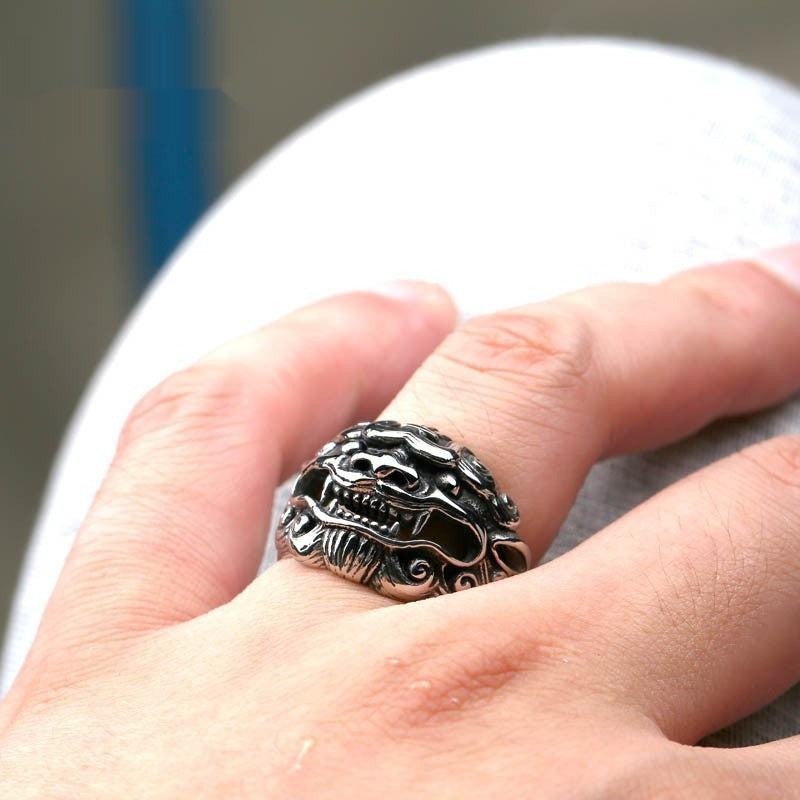 Men’s Titanium Steel Kirin Amulet Ring – Chinese Style Punk Statement Ring