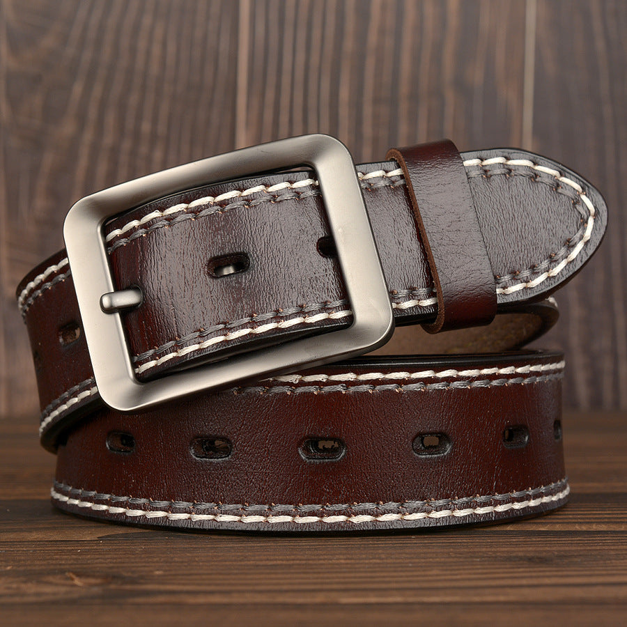 Men’s Real Cowhide Leather Belt – Two-Line Stitching with Japanese Buckle