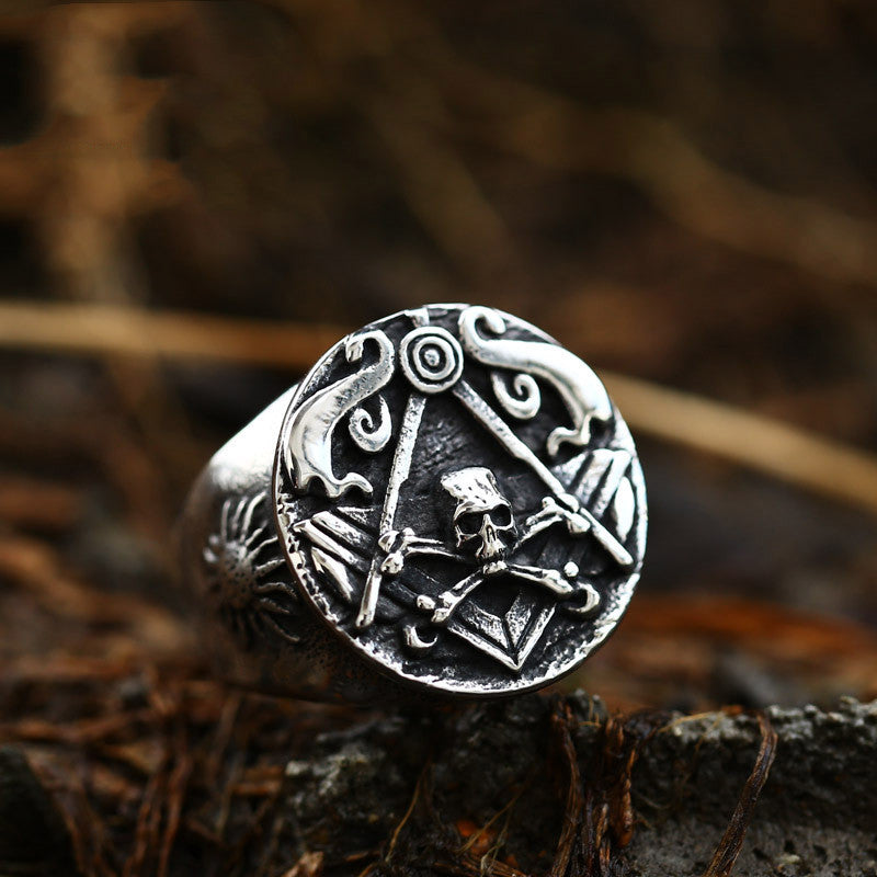 Men’s Vintage Titanium Skull Masonic Ring – Gothic Punk Statement Jewellery