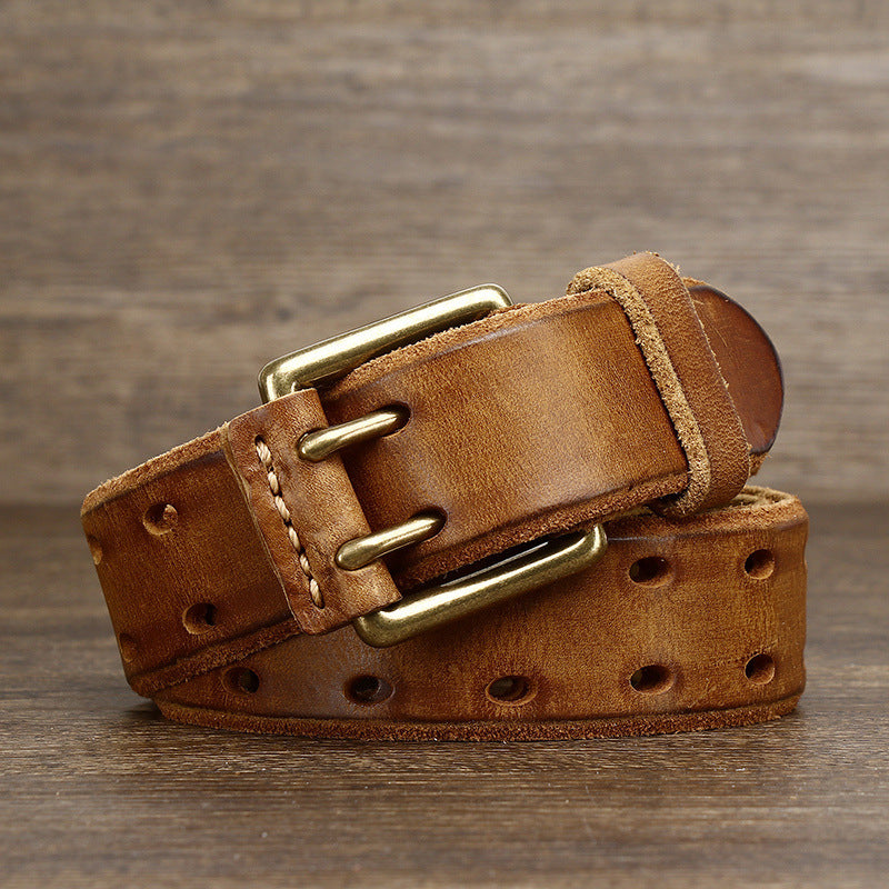 3.8cm Vintage Cowhide Leather Men’s Belt – Copper Double-Prong Buckle Jeans Belt