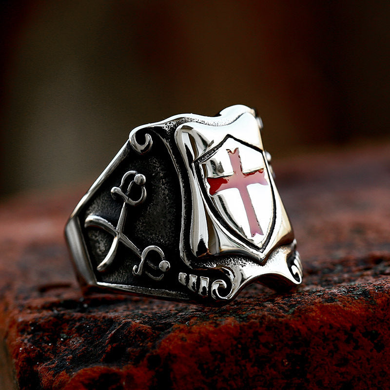 Knights Templar Red Cross Ring – Gothic Biker Crusader Ring for Men