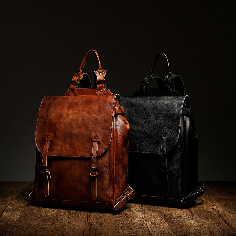 Men’s Vegetable Tanned Cow Leather Backpack – Large Capacity Vintage Laptop Travel Bag