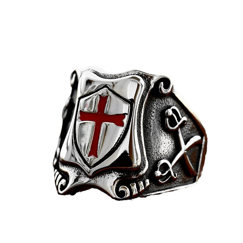 Knights Templar Red Cross Ring – Gothic Biker Crusader Ring for Men
