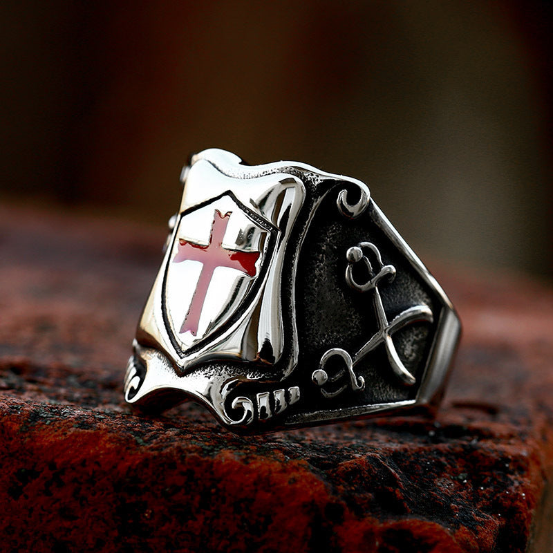Knights Templar Red Cross Ring – Gothic Biker Crusader Ring for Men
