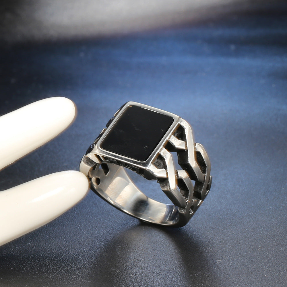 Men’s Black Epoxy Titanium Steel Punk Ring – Gothic Biker Statement Band