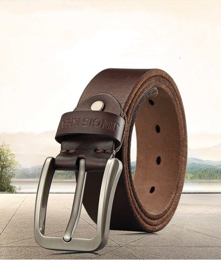 Men’s Genuine Cowhide Leather Belt – Solid Copper Smooth Plate Buckle