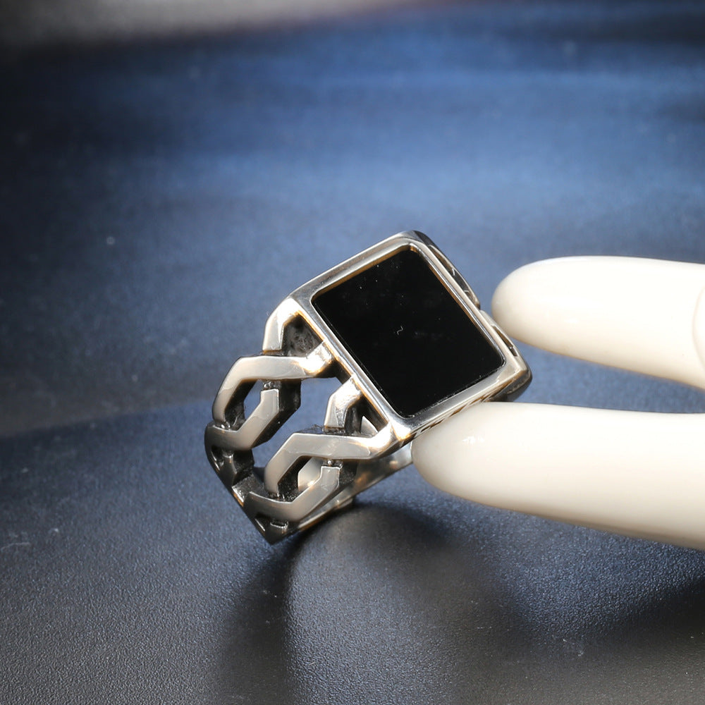 Men’s Black Epoxy Titanium Steel Punk Ring – Gothic Biker Statement Band