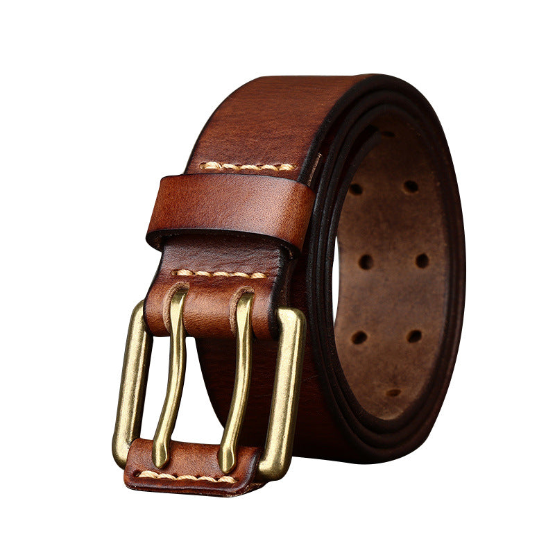Men’s First Layer Cowhide Leather Belt with Vintage Brass Buckle – Premium Casual Waist Belt
