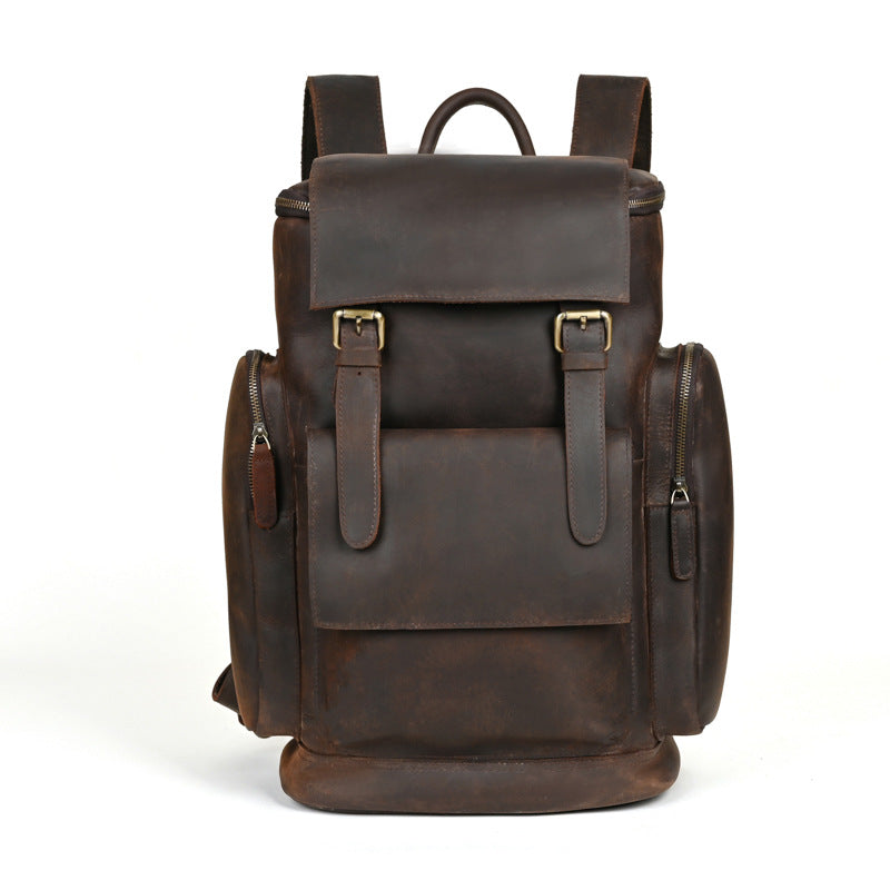 Men’s Crazy Horse Leather Backpack – First-Layer Cowhide Vintage Travel Rucksack