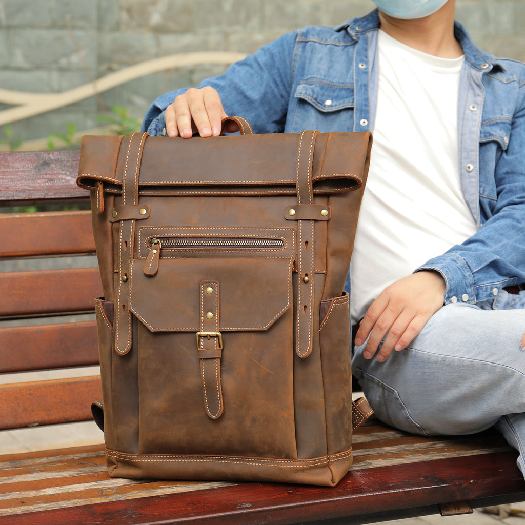 Men’s Retro Hand-Rubbed Leather Backpack – Large Capacity Laptop Travel Rucksack