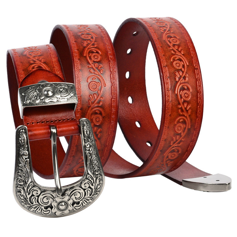 Embossed First Layer Cowhide Men’s Belt – Mongolian Style Carved Leather Belt