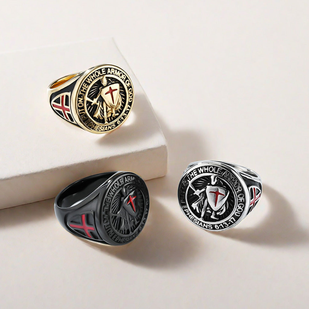 Men’s Retro Templar Shield Cross Ring – Titanium Steel Crusader Statement Band