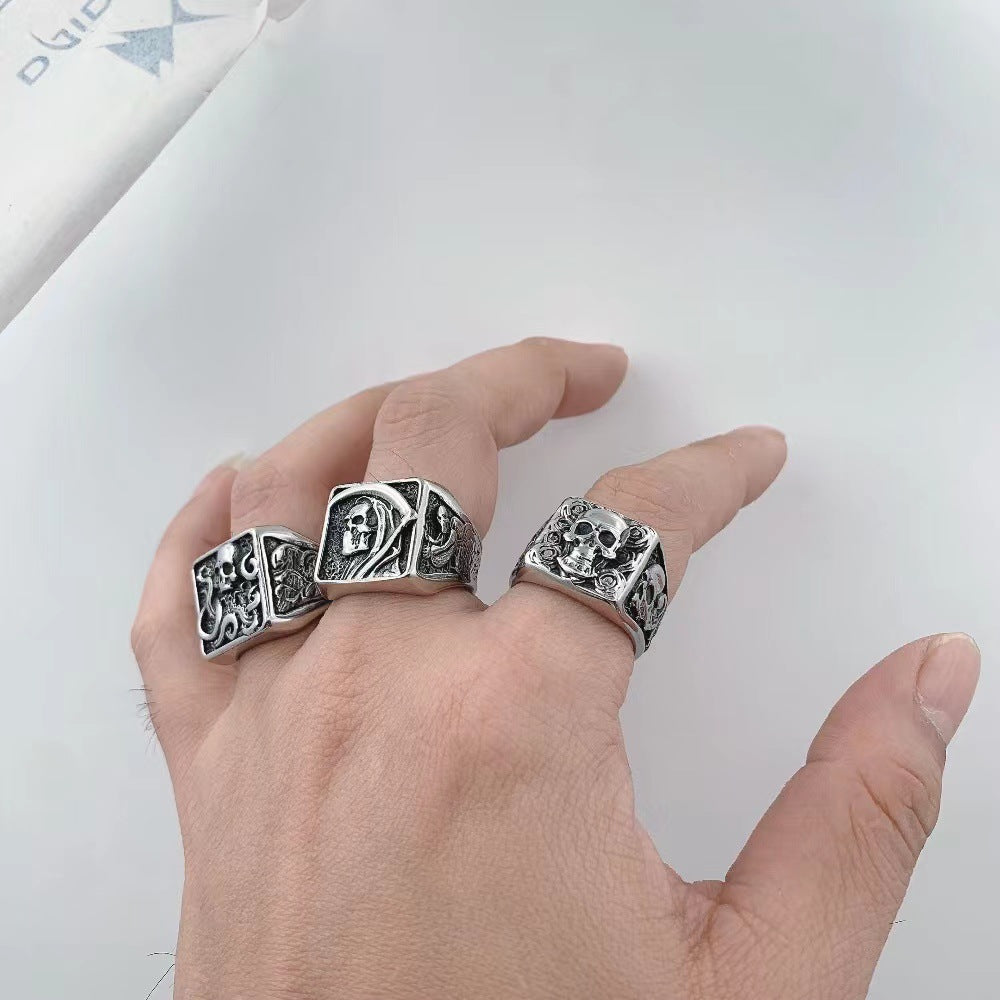 Men’s Retro Gothic Rose Skull Ring – Titanium Steel Death Style Statement Ring