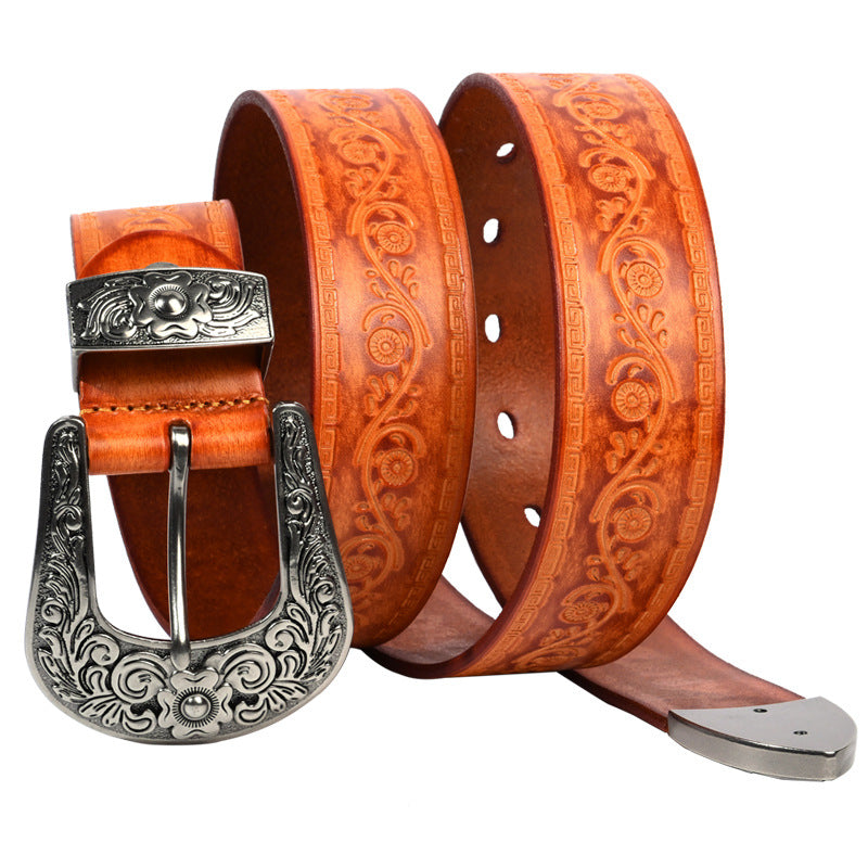 Embossed First Layer Cowhide Men’s Belt – Mongolian Style Carved Leather Belt