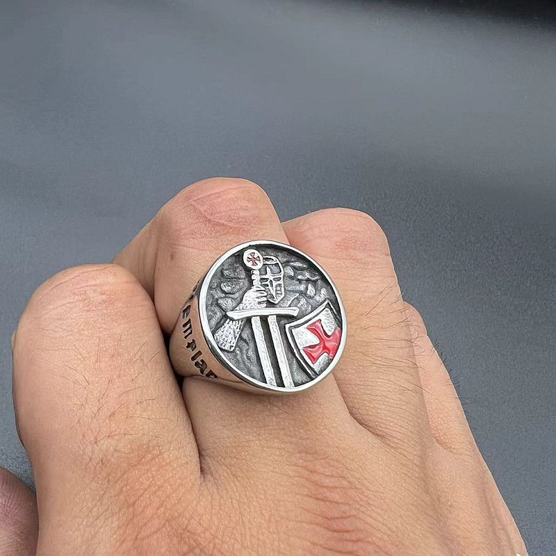 Men’s Titanium Steel Templar Samurai Ring with Red Epoxy Cross Inscription