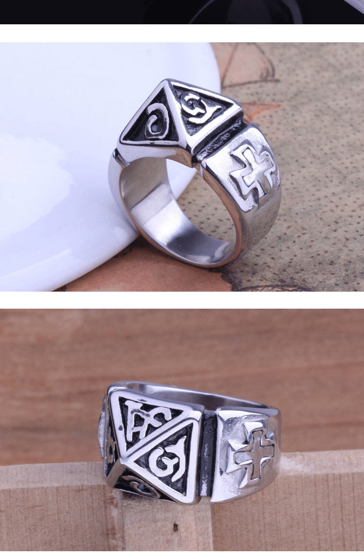 Men’s Gothic Sanskrit Pyramid Ring – Stainless Steel Cross Hip Hop Rock Statement Band