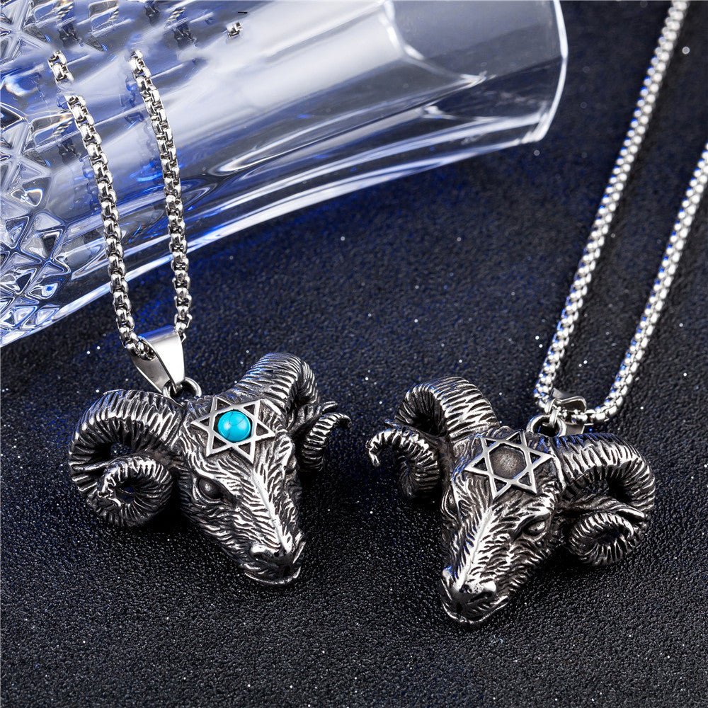Men’s Vintage Satanic Five Star Sheep Head Pendant Necklace – Titanium Steel Gothic Jewellery