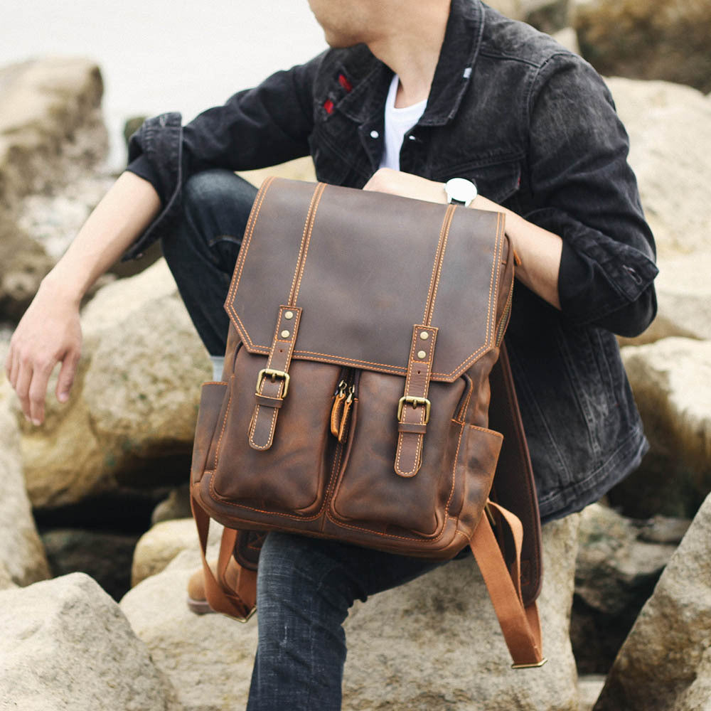 Men's Top Layer Cowhide Leather Backpack – Vintage Travel & Laptop Rucksack