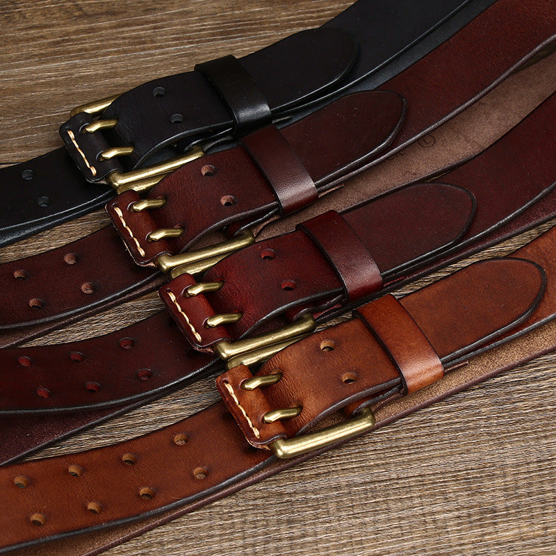 Men’s Genuine Leather Belt with Double Pin Buckle – Heavy Duty Casual Waist Belt