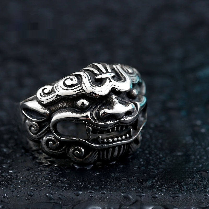 Men’s Titanium Steel Kirin Amulet Ring – Chinese Style Punk Statement Ring