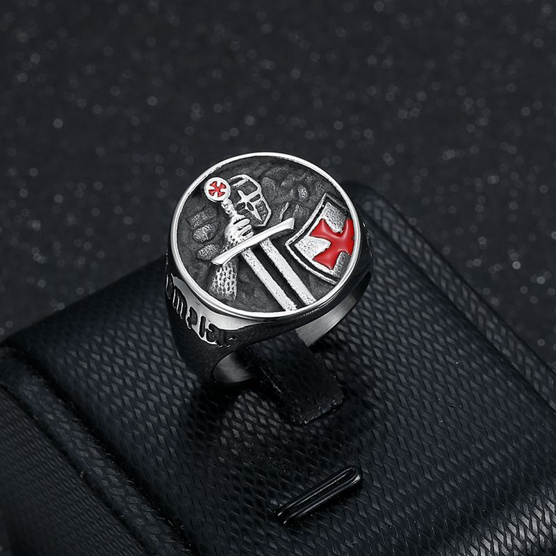 Men’s Titanium Steel Templar Samurai Ring with Red Epoxy Cross Inscription