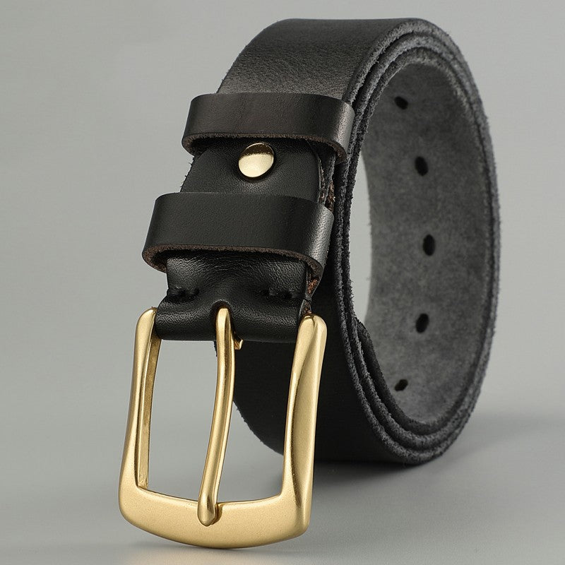 Men’s Genuine Cowhide Leather Belt – Solid Copper Smooth Plate Buckle