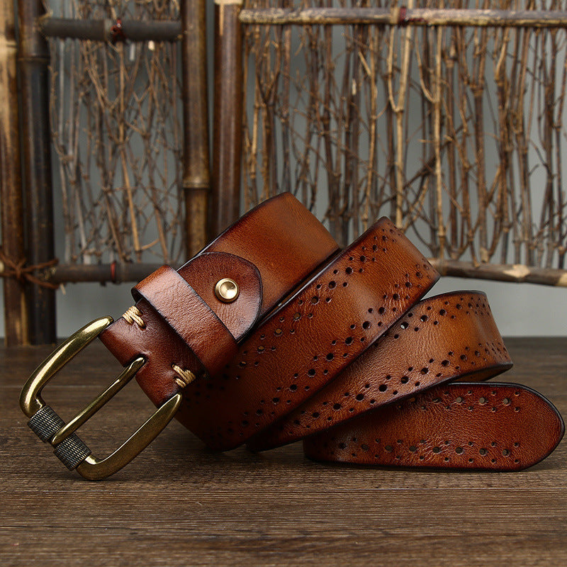 Vintage Genuine Cowhide Leather Men’s Belt – Luxury Pin Buckle Jeans Belt