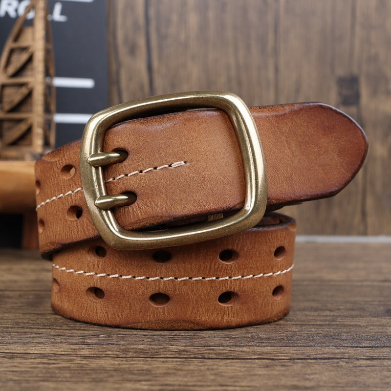 Men’s Handmade Cowhide Leather Belt – Retro Double-Prong Brass Buckle