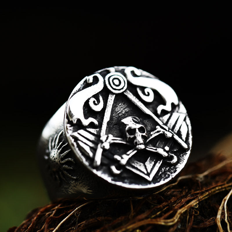 Men’s Vintage Titanium Skull Masonic Ring – Gothic Punk Statement Jewellery