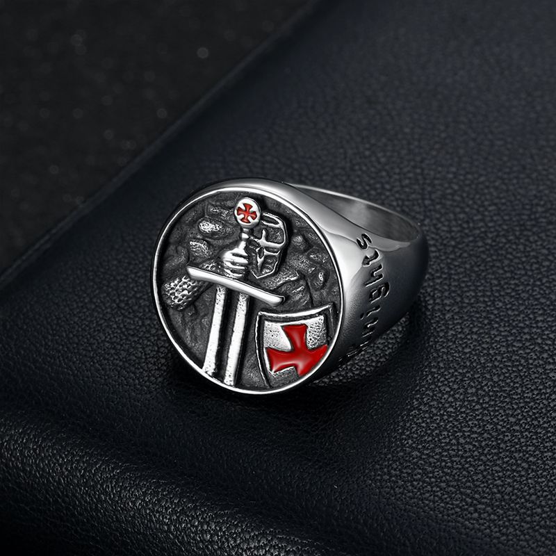 Men’s Titanium Steel Templar Samurai Ring with Red Epoxy Cross Inscription