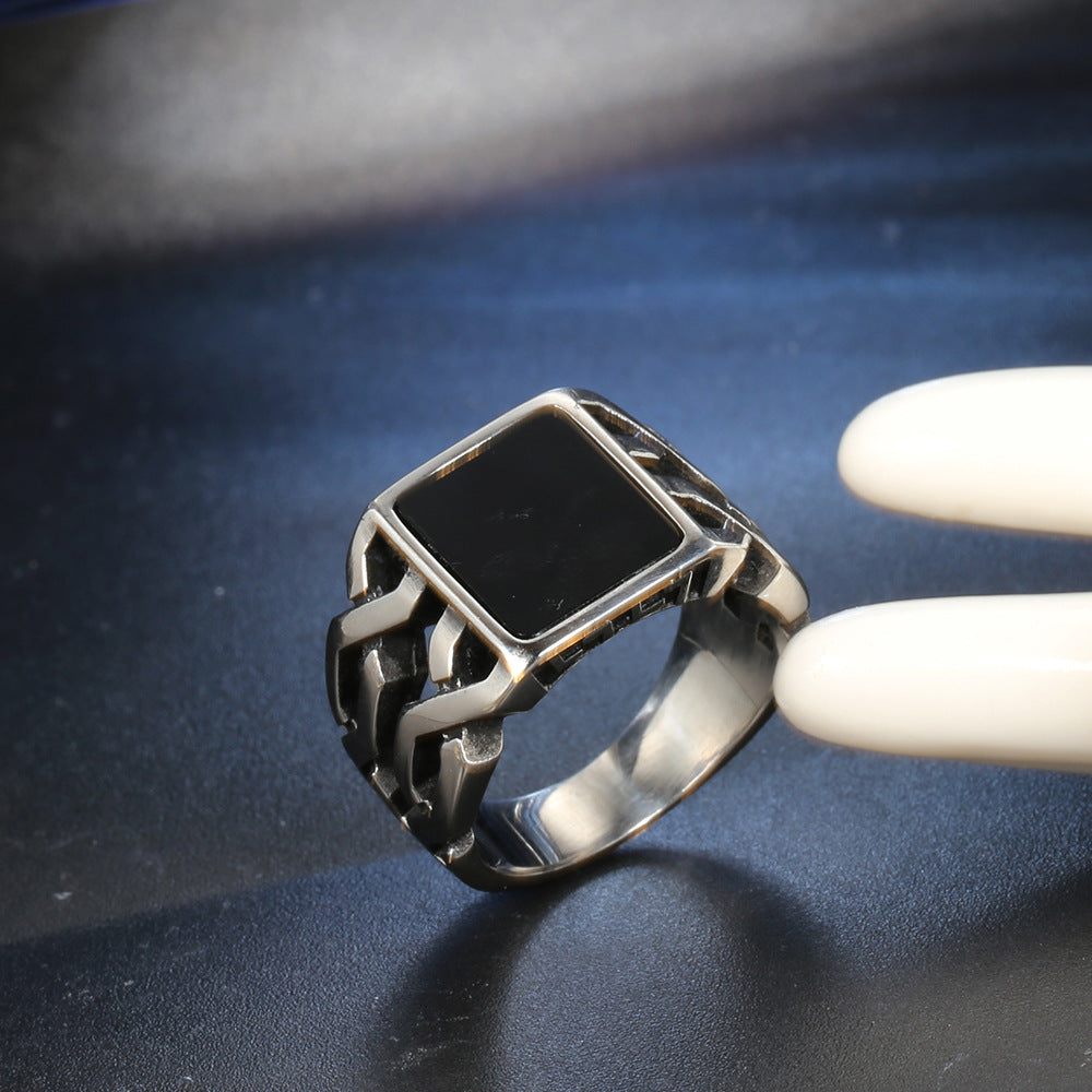 Men’s Black Epoxy Titanium Steel Punk Ring – Gothic Biker Statement Band