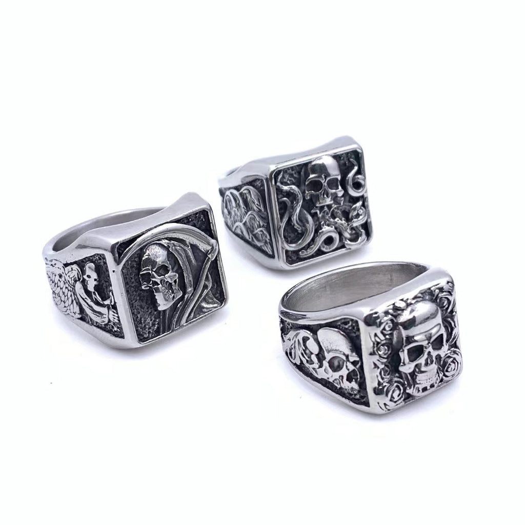 Men’s Retro Gothic Rose Skull Ring – Titanium Steel Death Style Statement Ring