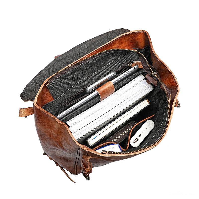 Men’s Vegetable Tanned Cow Leather Backpack – Large Capacity Vintage Laptop Travel Bag