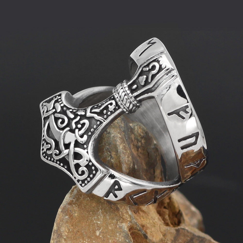 Men’s Vintage Viking Thor’s Hammer Ring – Nordic Odin Rune Stainless Steel Ring