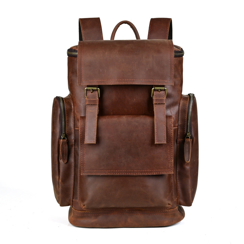 Men’s Crazy Horse Leather Backpack – First-Layer Cowhide Vintage Travel Rucksack