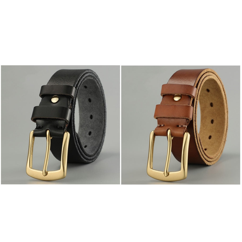 Men’s Genuine Cowhide Leather Belt – Solid Copper Smooth Plate Buckle
