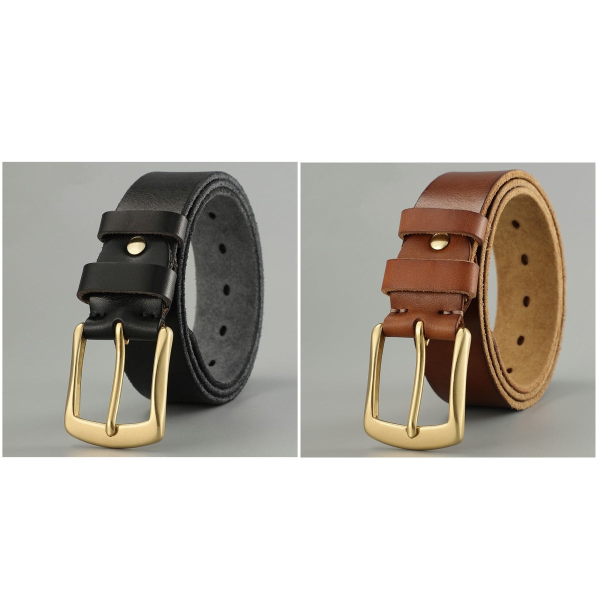 Men’s Genuine Cowhide Leather Belt – Solid Copper Smooth Plate Buckle