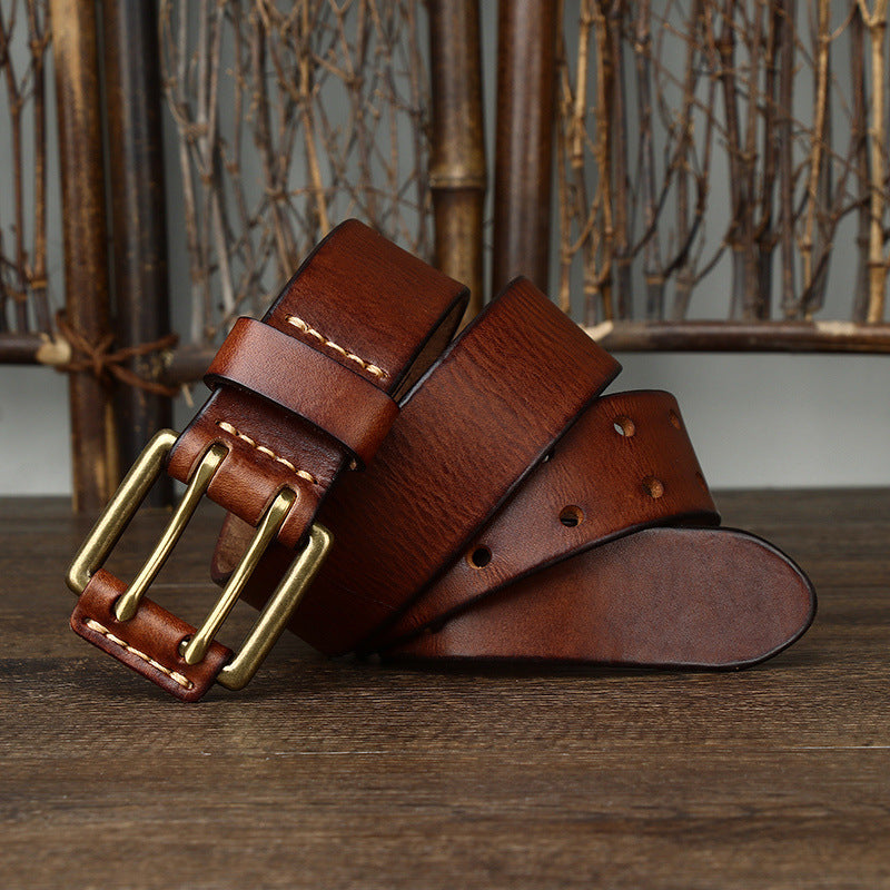 Men’s Genuine Leather Belt with Double Pin Buckle – Heavy Duty Casual Waist Belt