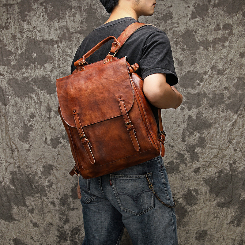 Men’s Vegetable Tanned Cow Leather Backpack – Large Capacity Vintage Laptop Travel Bag