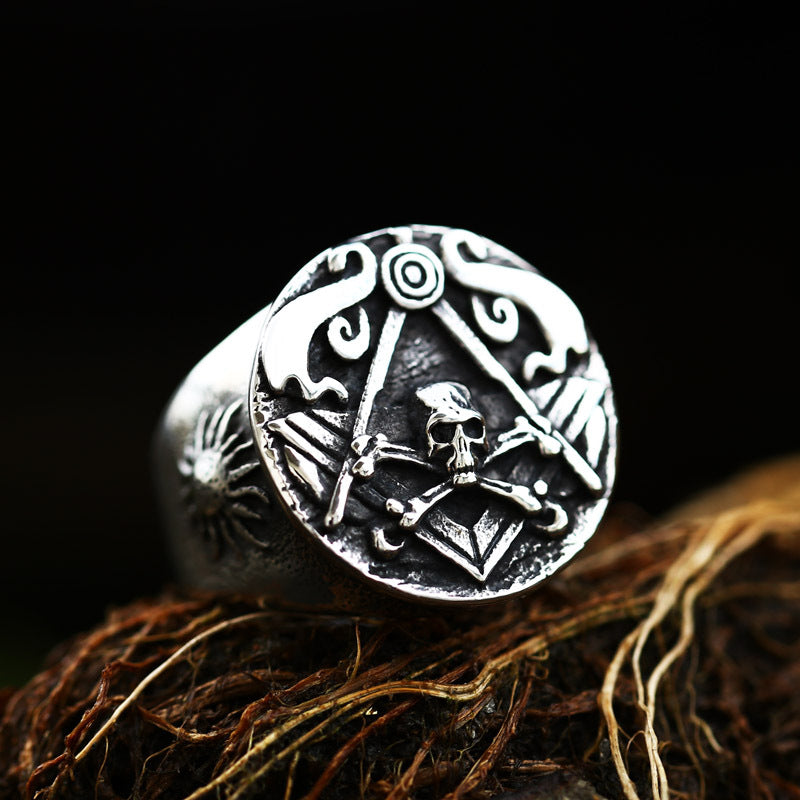 Men’s Vintage Titanium Skull Masonic Ring – Gothic Punk Statement Jewellery