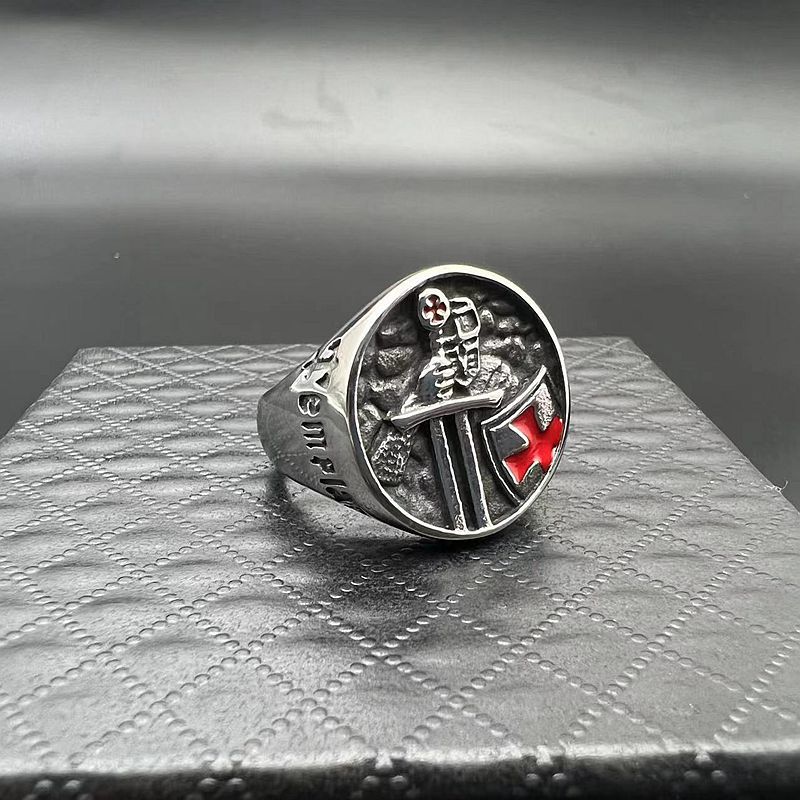 Men’s Titanium Steel Templar Samurai Ring with Red Epoxy Cross Inscription