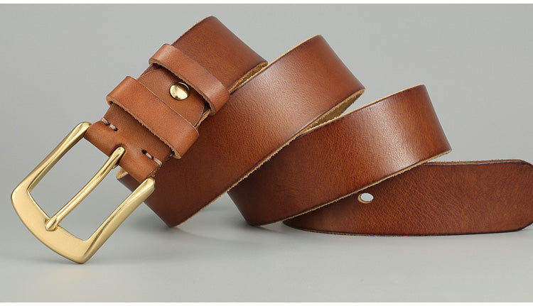 Men’s Genuine Cowhide Leather Belt – Solid Copper Smooth Plate Buckle