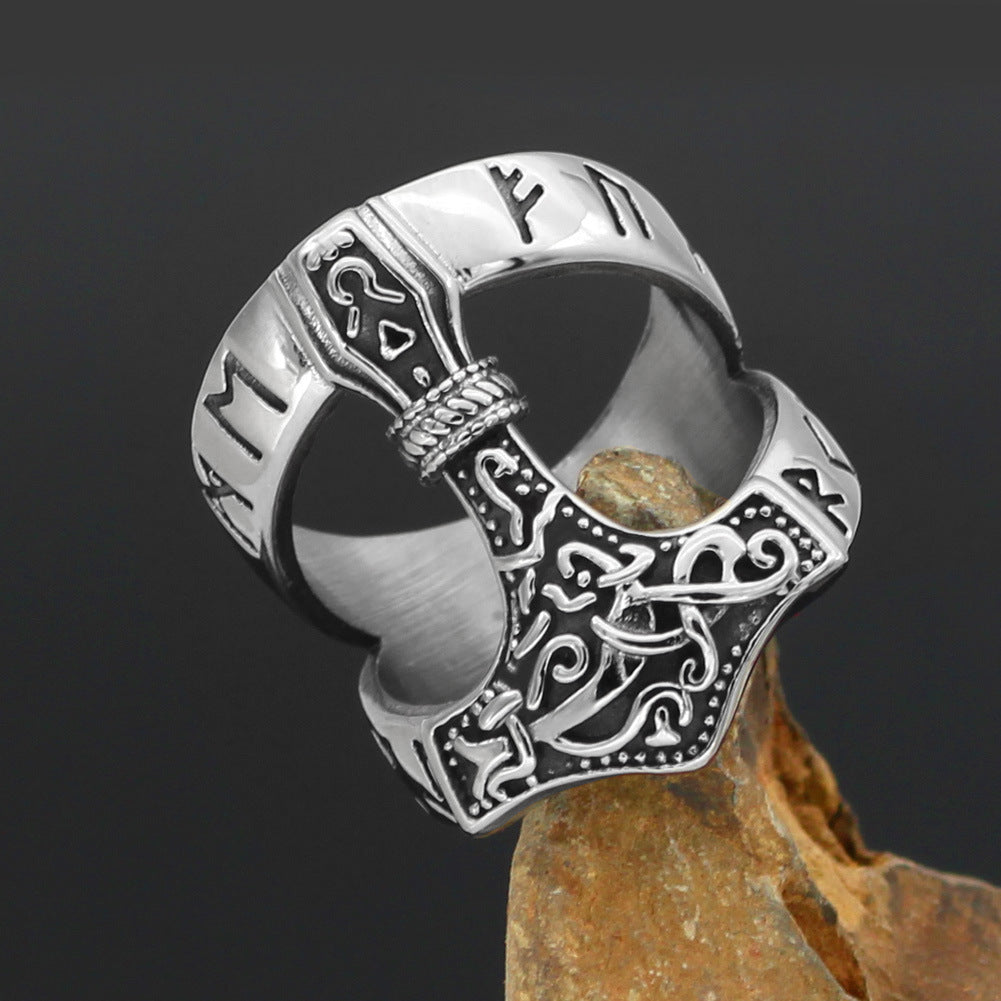 Men’s Vintage Viking Thor’s Hammer Ring – Nordic Odin Rune Stainless Steel Ring