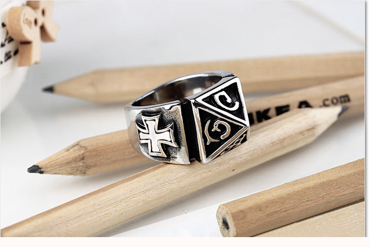 Men’s Gothic Sanskrit Pyramid Ring – Stainless Steel Cross Hip Hop Rock Statement Band