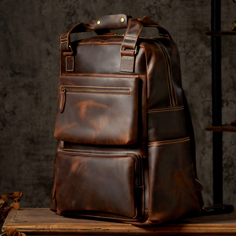 Handmade Retro Crazy Horse Leather Oversized Backpack for Men
