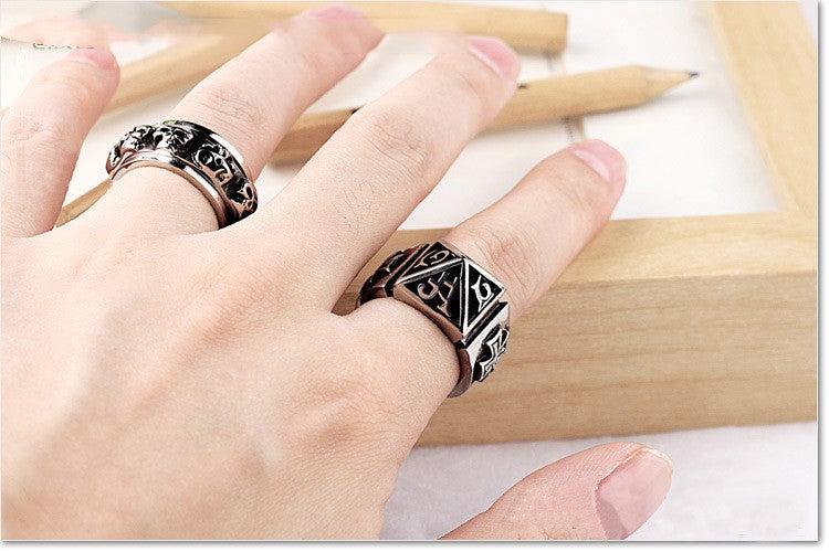 Men’s Gothic Sanskrit Pyramid Ring – Stainless Steel Cross Hip Hop Rock Statement Band