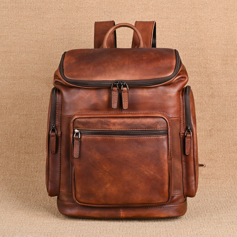 Men’s Genuine Cowhide Leather Backpack – Retro Double-Layer Outdoor Travel Rucksack